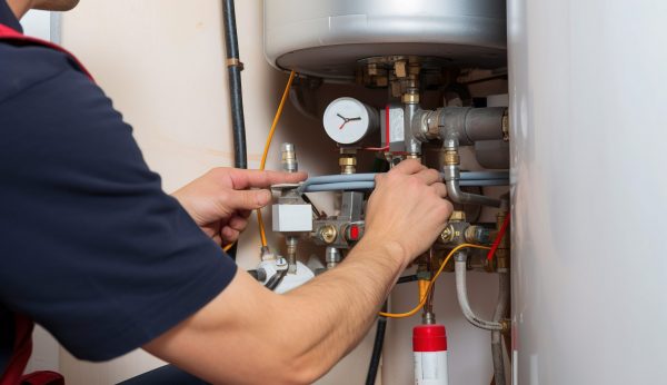 Hydraulic mechanic installer repairs an electric water heater